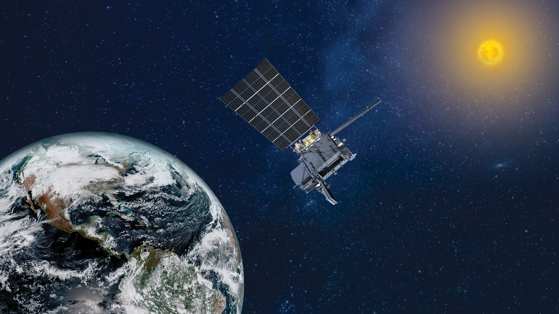 An artist's rendering of GOES-19 in orbit as GOES East, with the Earth on the bottom left and the sun in the upper right