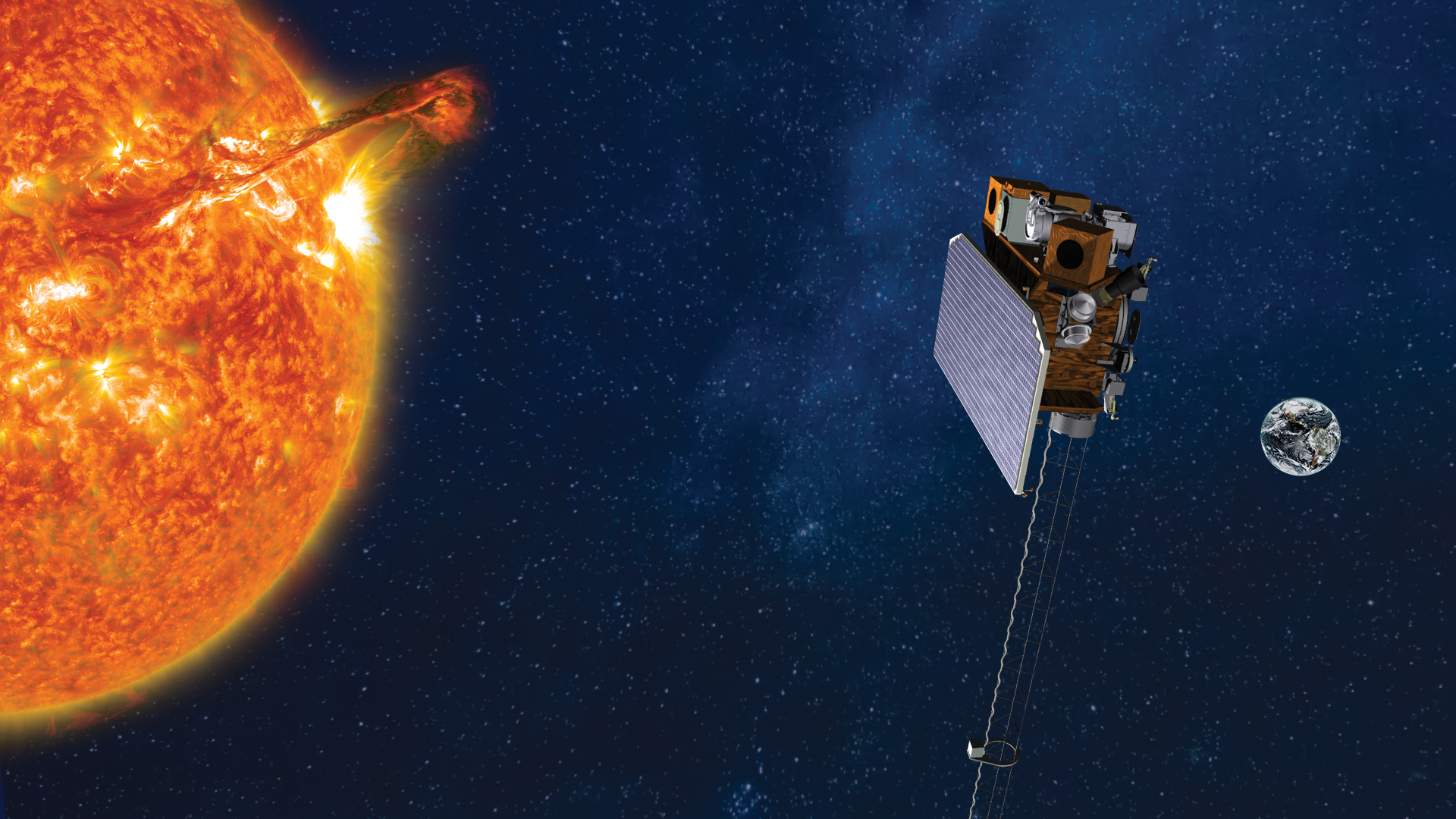 A rendering of the the Legrange 1 satellite in space with the earth and sun in the distance.