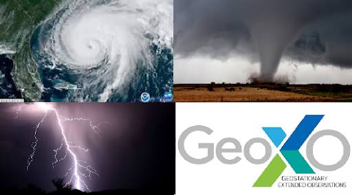 Images of hurricanes seen from space; tornados in a field, and lightening striking the earth.