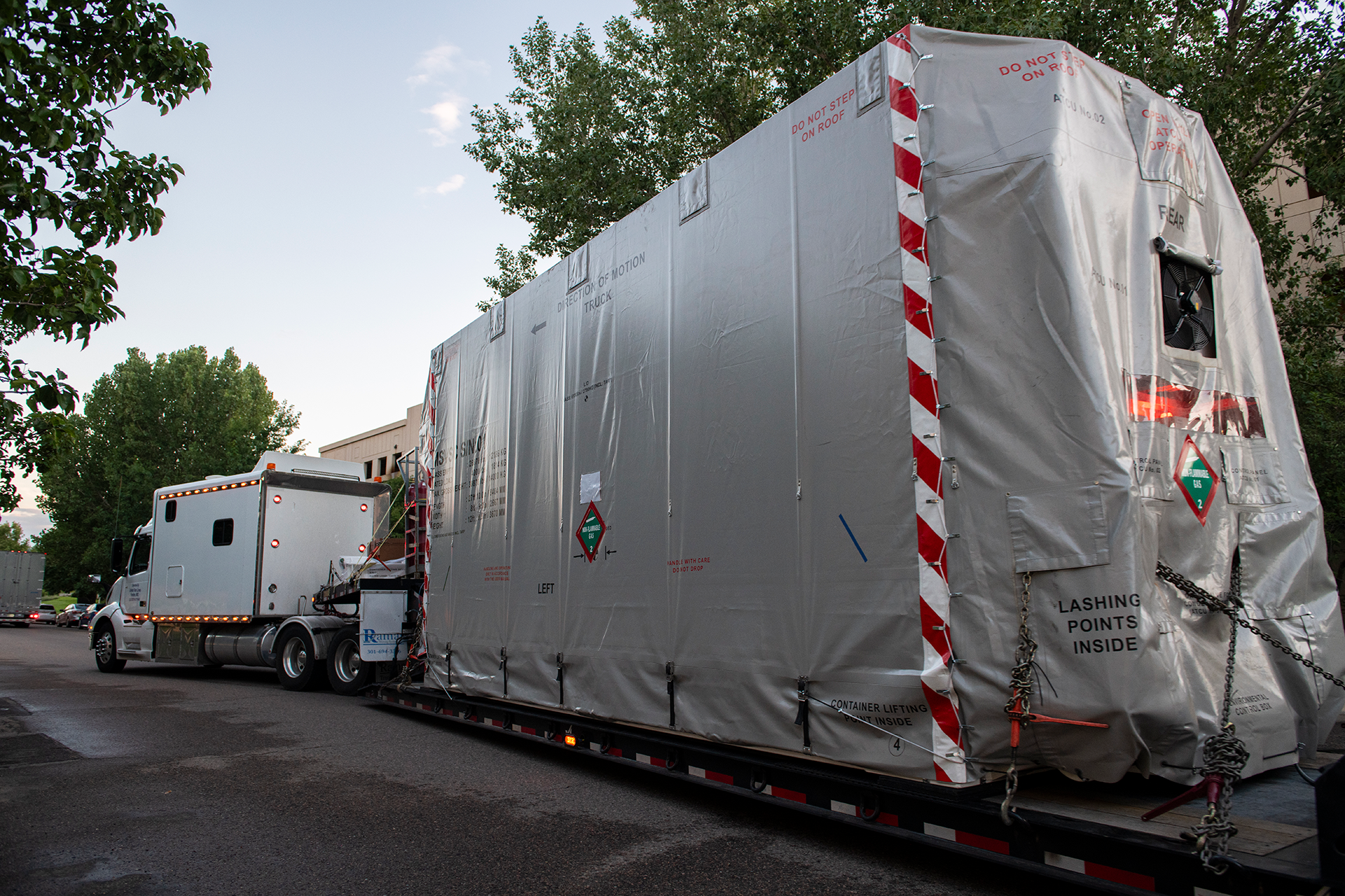 The SWFO-L1 satellite leaving Colorado on a truck trailer.