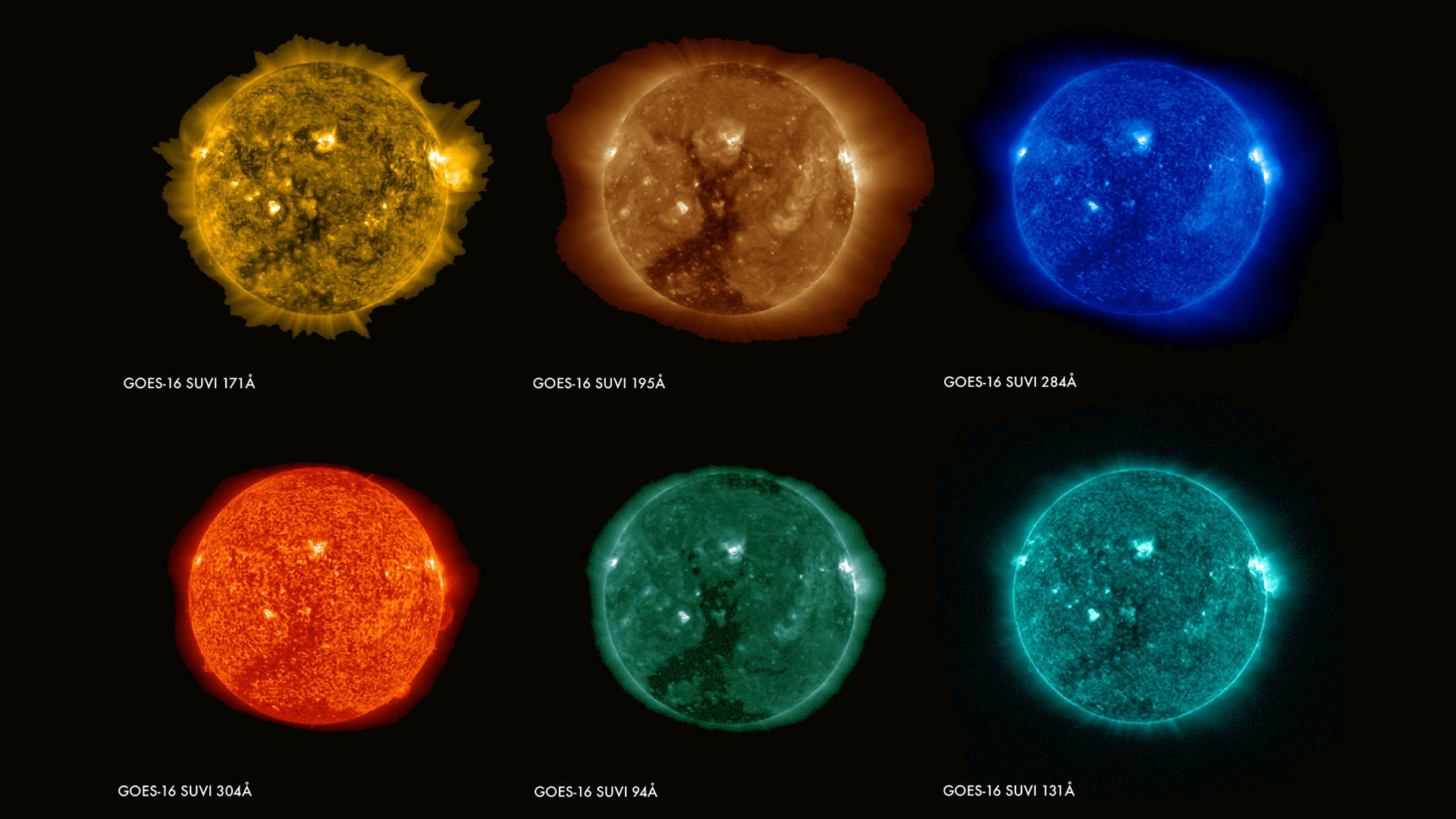 Blue, green, yelow, orange and red images of the sun next to each other. 