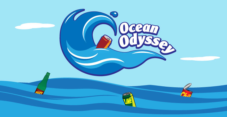Ocean Odyssey written over a cartoon wave, blue sky background with bits of trash in the ocean.
