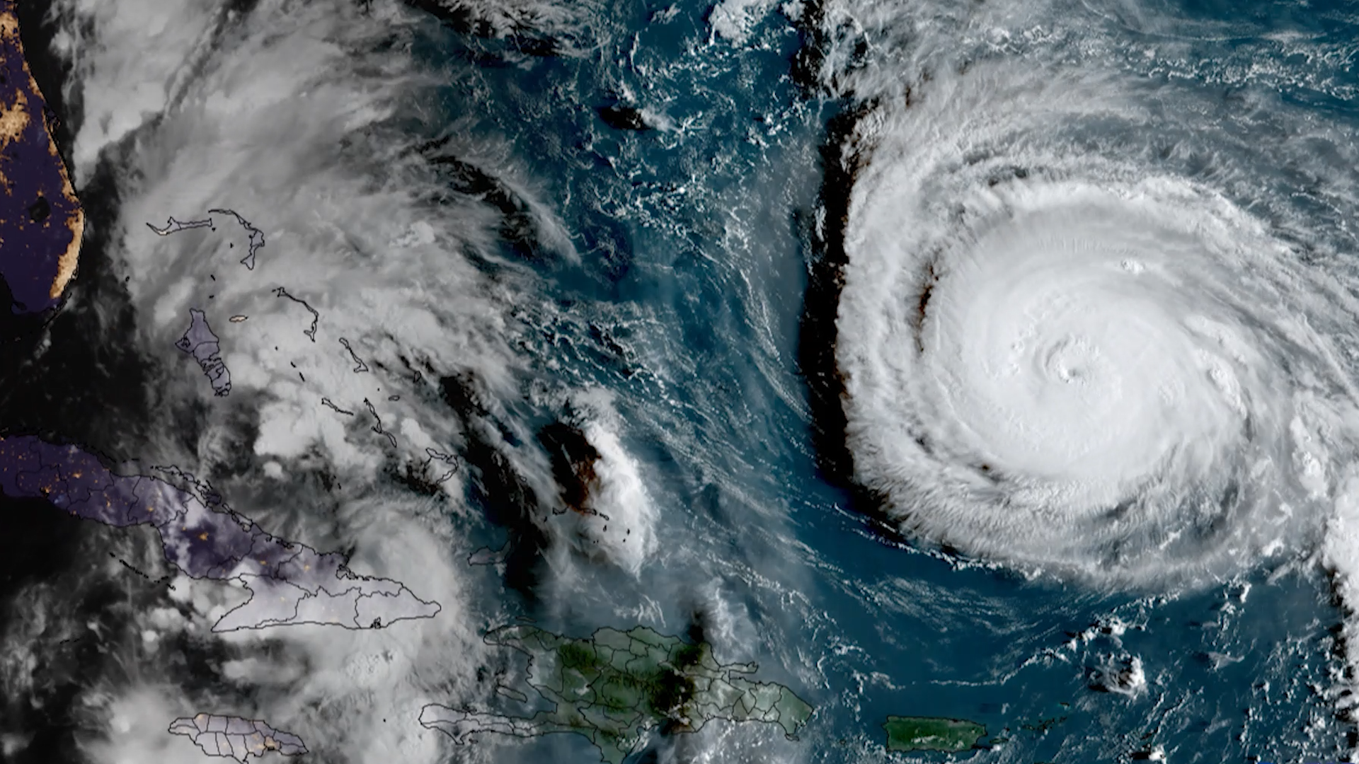 A hurricane seen from space off the coast of the US in the atlantic ocean.