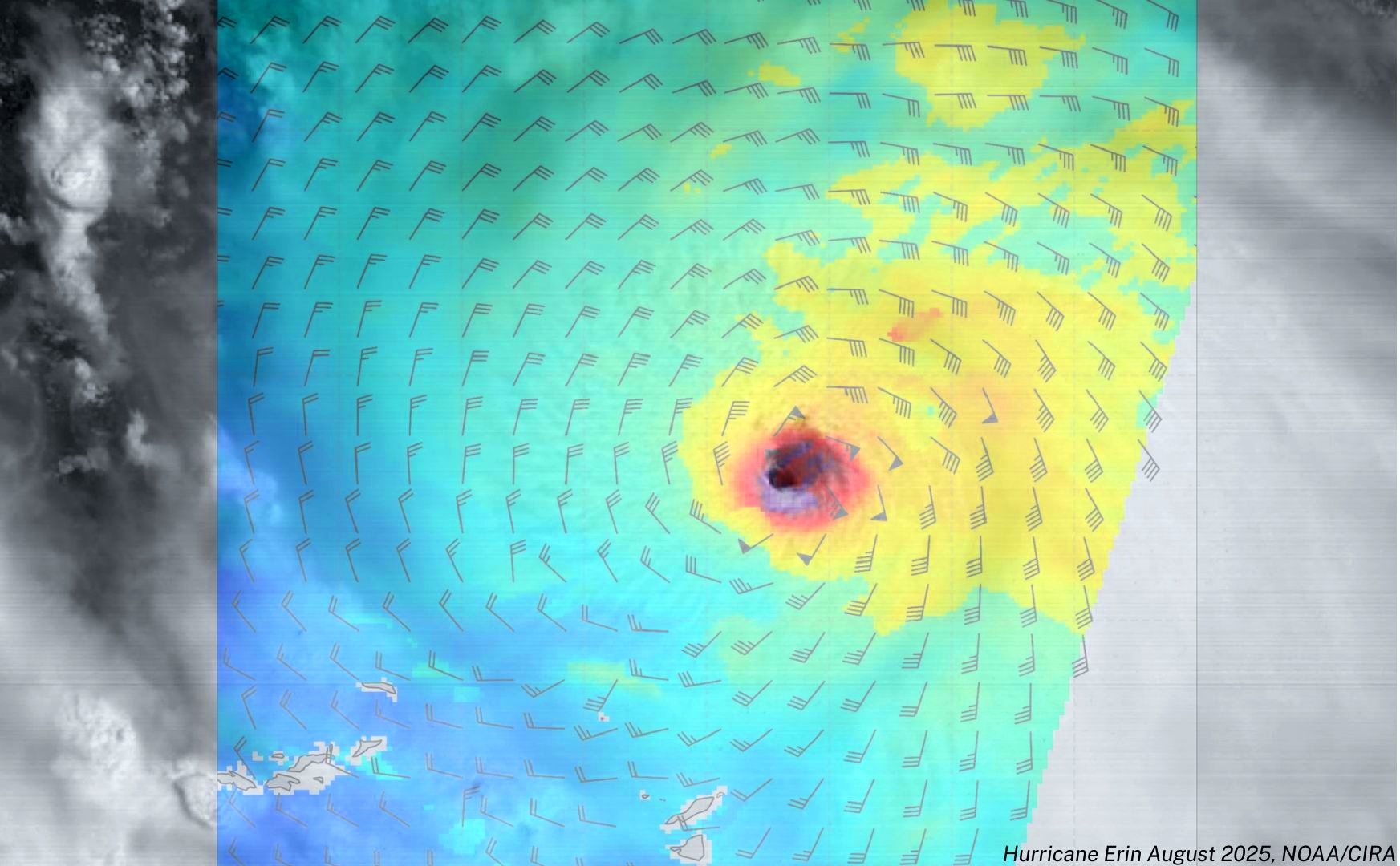 Hurricane Erin seen from space, it has blue, yellow and green hures.