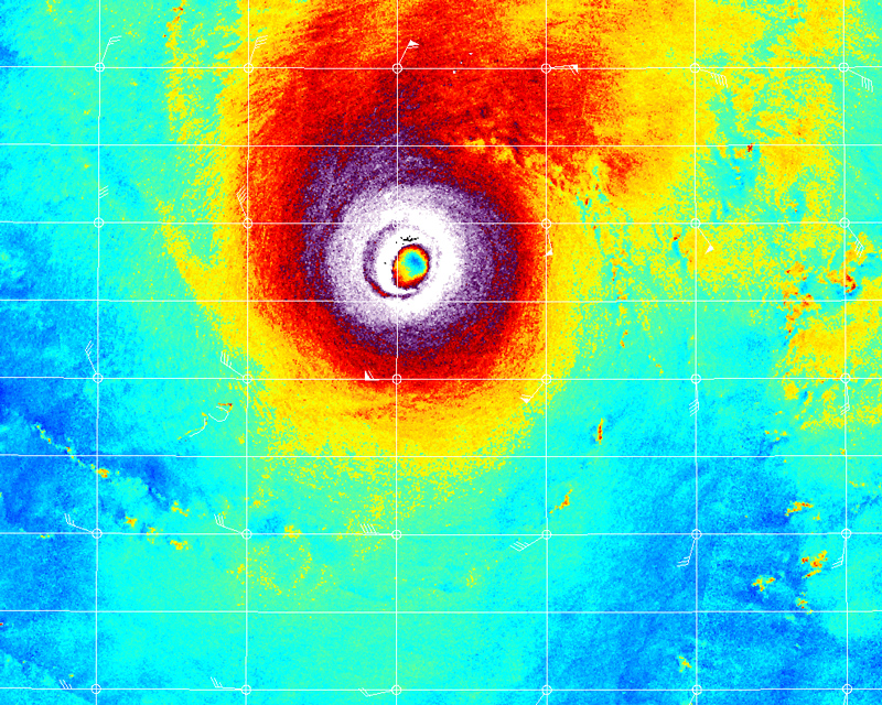 False-color SAR image showing a hurricane with well-defined eye and spiral wind bands over the ocean, revealing surface wind structure.