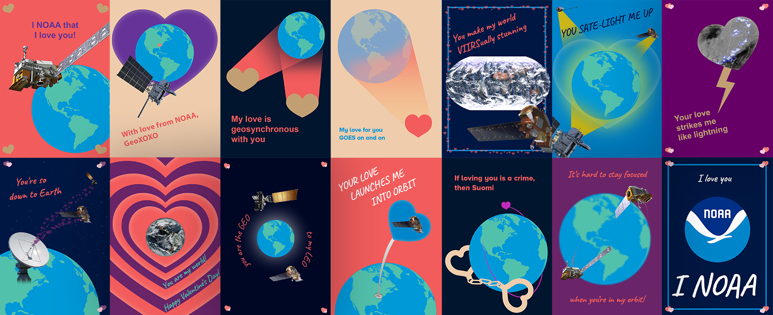 A collage of various valentine day cards that are blue, red, pink, orange, and yellow. 