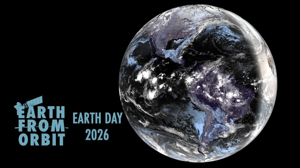 A Full Disk view of Earth at night taken by NOAA's GOES East satellite. To the bottom left of it is the Earth From Orbit wordmark and the title Earth Day 2026 in light blue against a black background.