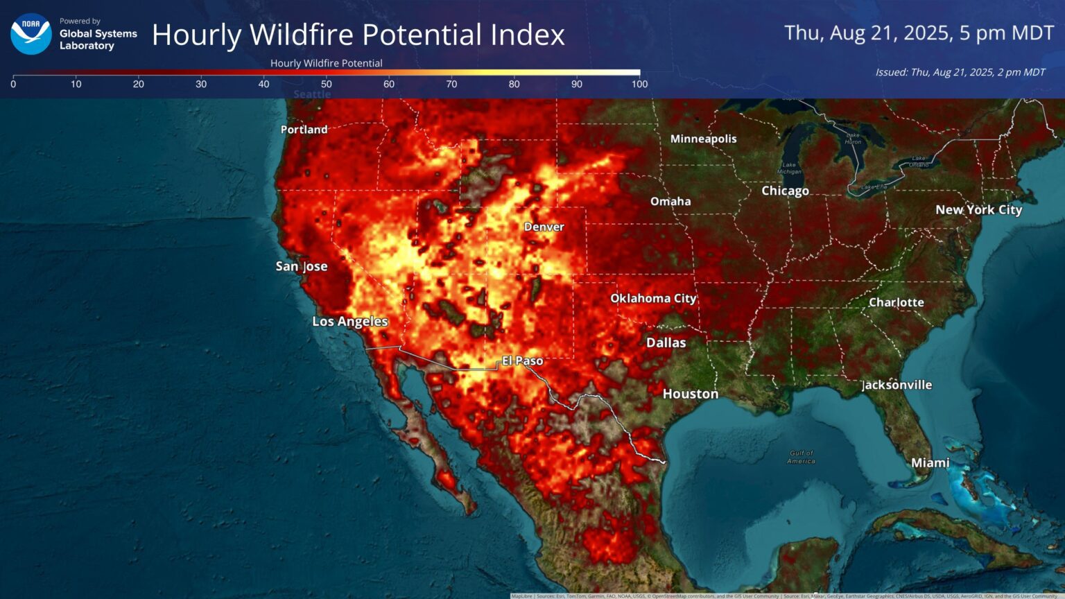 Visualization of conditions favorable for wildfire growth across the U.S. on August 21, 2025