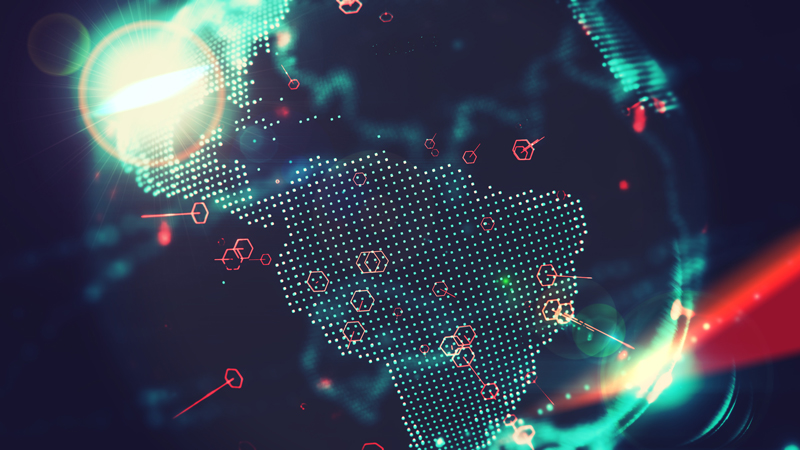 Stylized digital globe with North America and South America