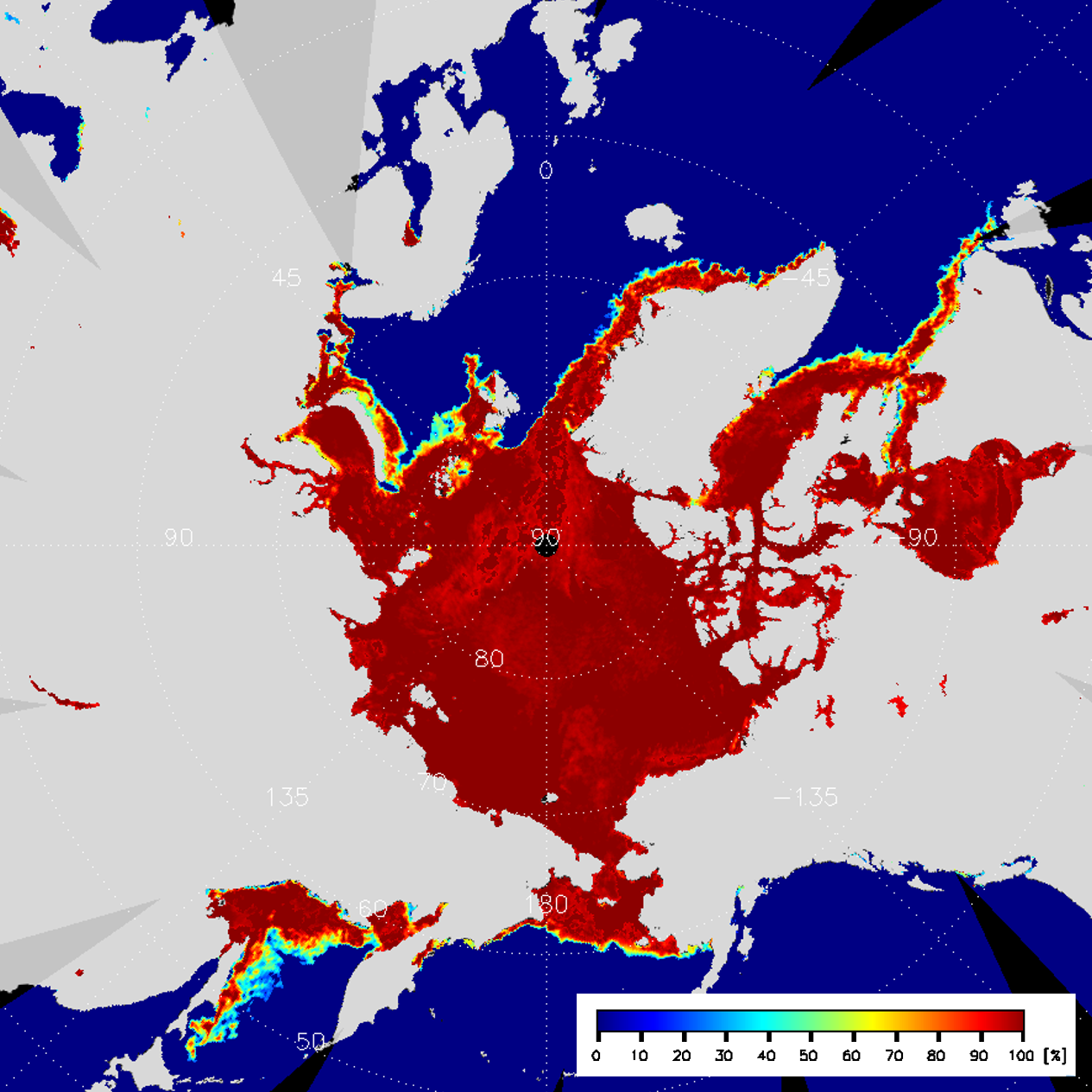 Arctic sea ice map shows 100% concentration across the Bering Strait in deep red, with cyan and yellow edges indicating lower ice density. Credit: JAXA