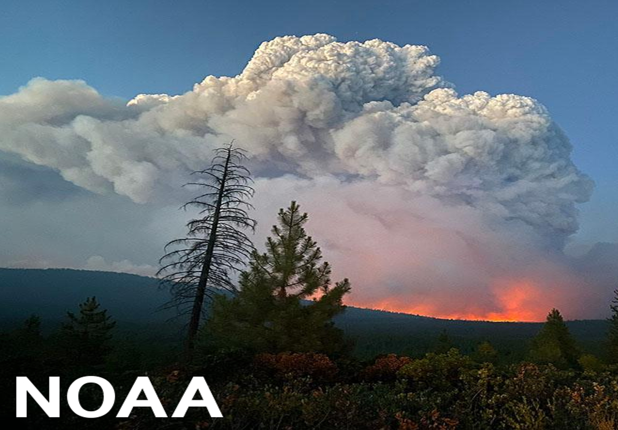 A massive pyrocumulonimbus cloud rises above a blazing wildfire on a forested ridge, with the text NOAA in the bottom left.