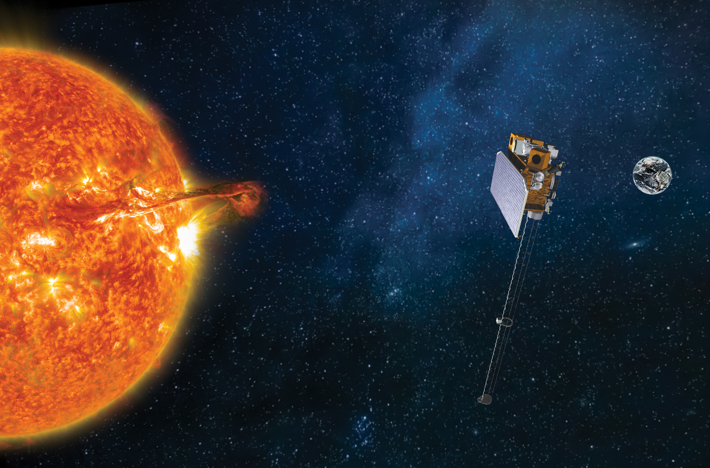 Visualization of SOLAR-1 in space with the sun and Earth in the background.