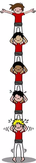 Hand drawn acrobats on top of each others shoulders.