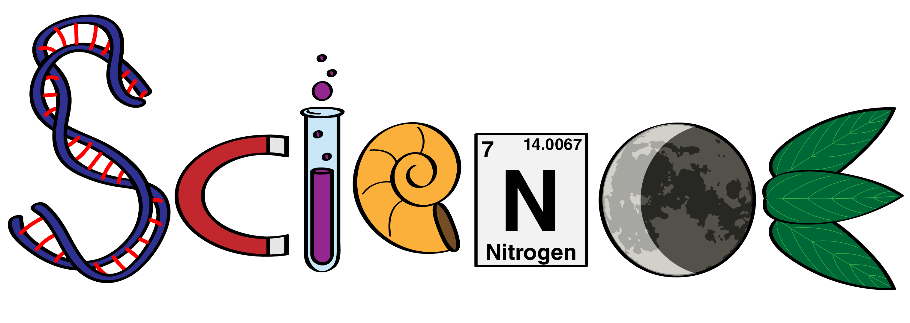 Science spelled out with DNA, a magnet, a test tube, a shell, nitrogen, the crescent moon, and leaves