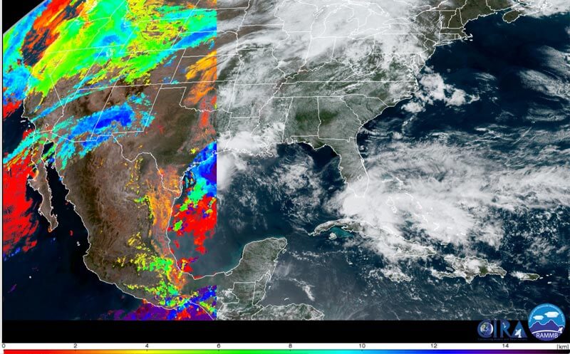GOES-16 true color imagery over the Continental U.S. on 14 May 2020 shows NOAA cloud top height retrievals (in km, color key at bottom of graphic) atop GeoColor imagery. Cloud top height information is useful for understanding the geometry of where these clouds will cast shadows upon solar farms.
