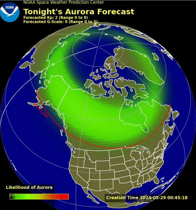 A 2D globe showing North America has a green swoop forming a ring of varying thicknesses around the North Pole, representing aurora borealis viewing locations.