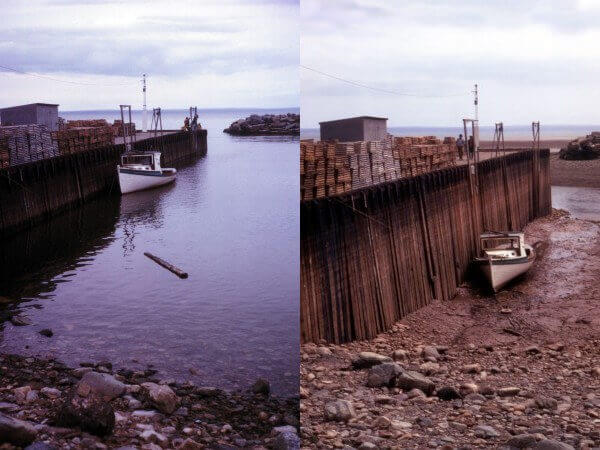A boat in high tide (left) and low tide (right) in the Bay of Fundy in Canada.