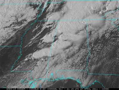 Image from GOES-13 on April 27, 2011, of the storms moving into Alabama.