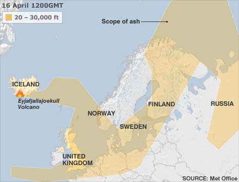 Map shows shadowed area extending from Iceland volcano and covering much of the United Kingdom and Europe.