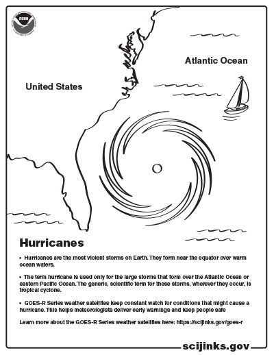 Coloring page featuring a hurricane off the East coast of the United States.