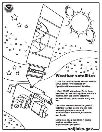 Coloring page featuring a GOES-R series weather satellite.