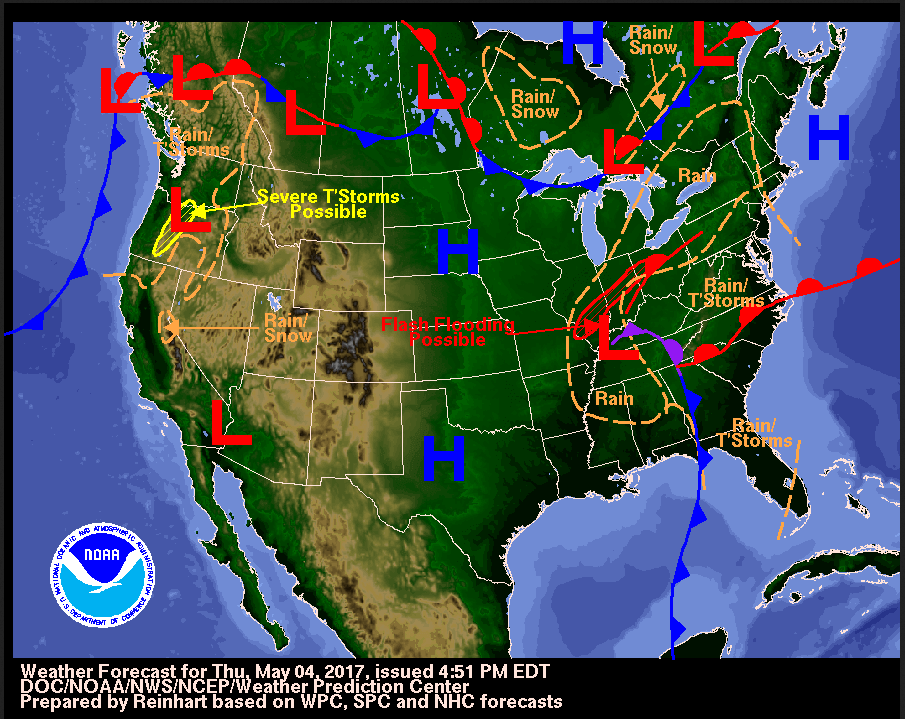 A weather forecast map showing weather conditions on May 4, 