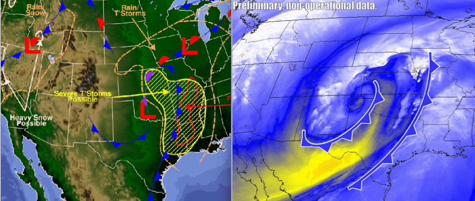 On the left is a National Weather Service forecast map from March 24, 2017. The forecast map shows two cold fronts moving southeast over Texas. On the right is an actual GOES-16 image of atmospheric water vapor from the same afternoon.