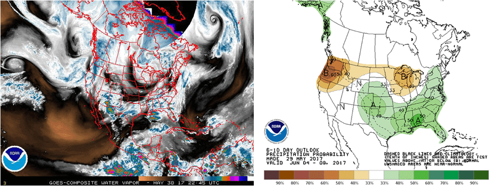 On the left is an image of water vapor captured by GOES satellites on May 30, 2017. GOES satellites, such as GOES-16, keep an eye on current weather. On the right is a forecast map predicting precipitation 6—10 days in advance. Polar orbiting satellites—such as JPSS—provide an outlook of weather events up to seven days in the future.