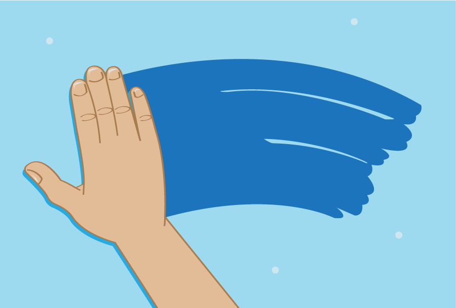 This digital graphic shows a right hand wiping a foggy mirror from right to left. The area that has been wiped is a darker blue color than the surrounding foggy area, which is colored a light blue.