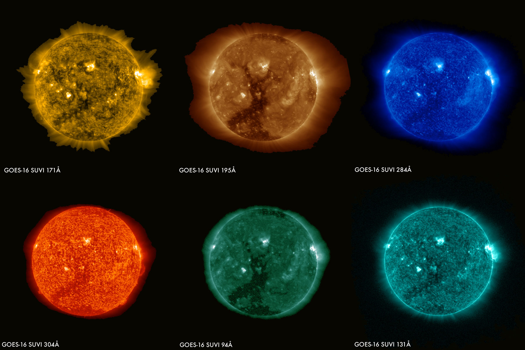 Images of the sun captured at the same time on January 29, 2017 by the six channels on the SUVI instrument on board GOES-16.